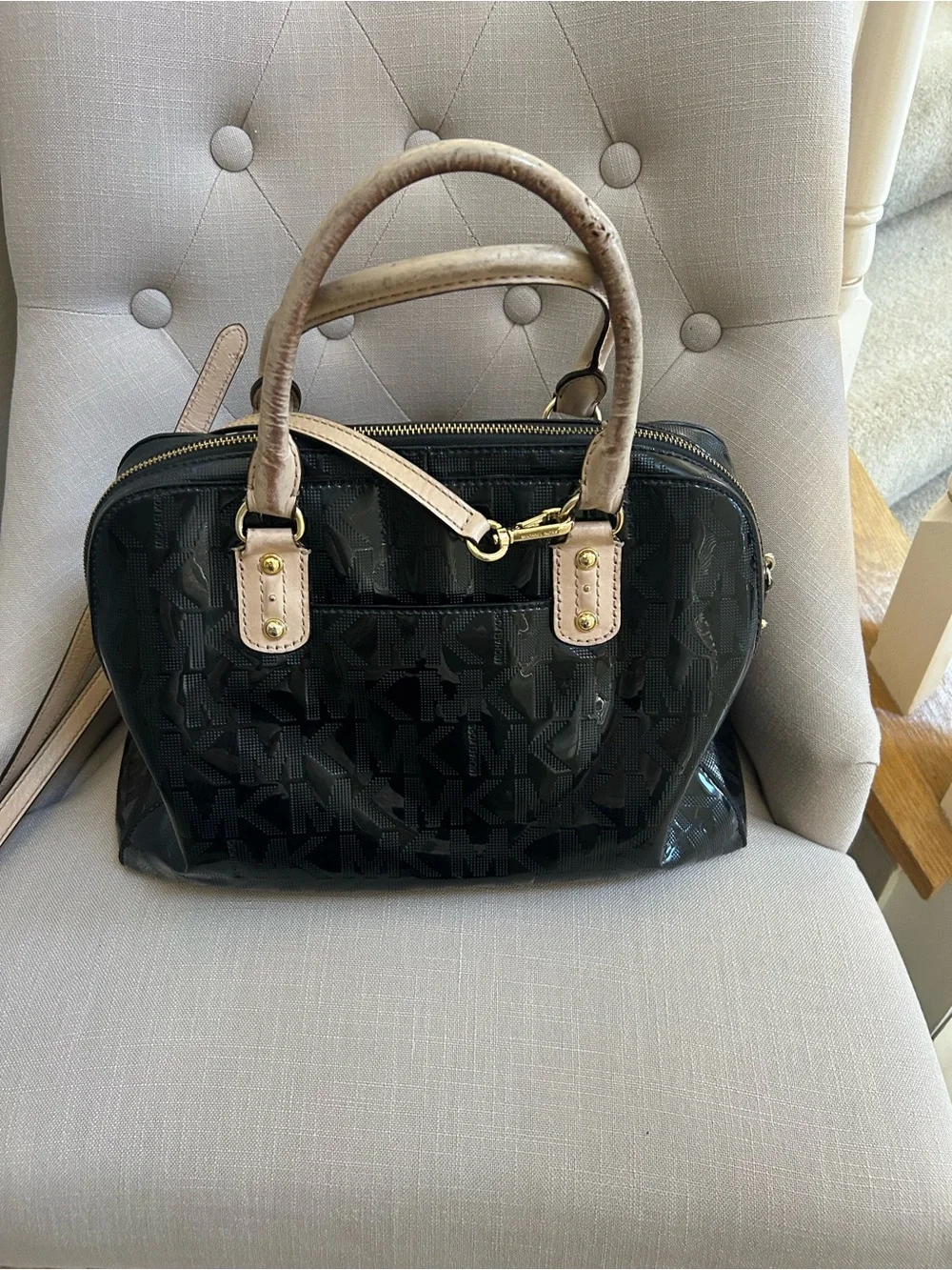 Michael Kors Black Patent Satchel with Beige Trim and MK Charm
